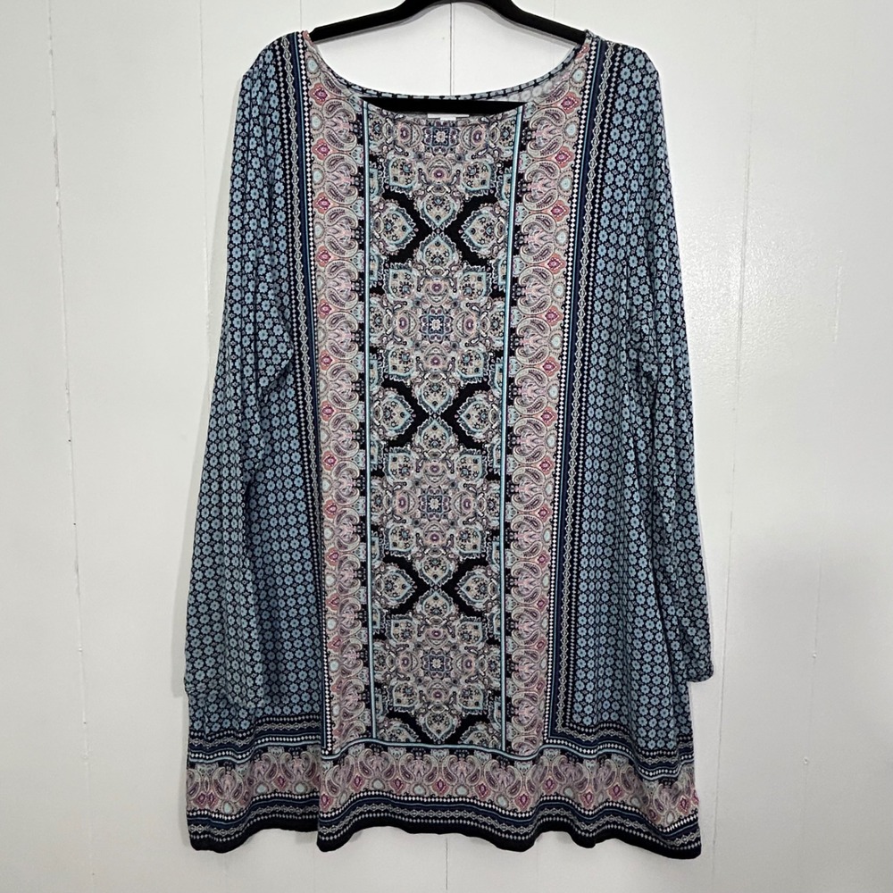 J. Jill Blue Paisley‎ Medallion Print Long Sleeve Knit Tunic Top Womens XL